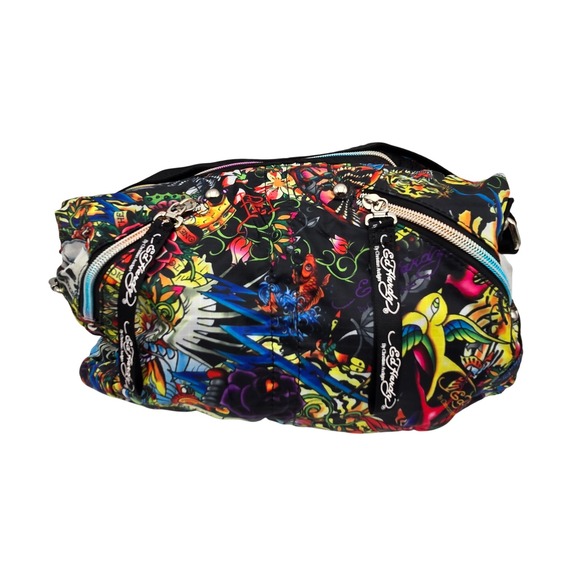 VTG Ed Hardy Tattoo Print Hobo Bag Shoulder Purse Love Kills Skull Heart Charm - Picture 2 of 9